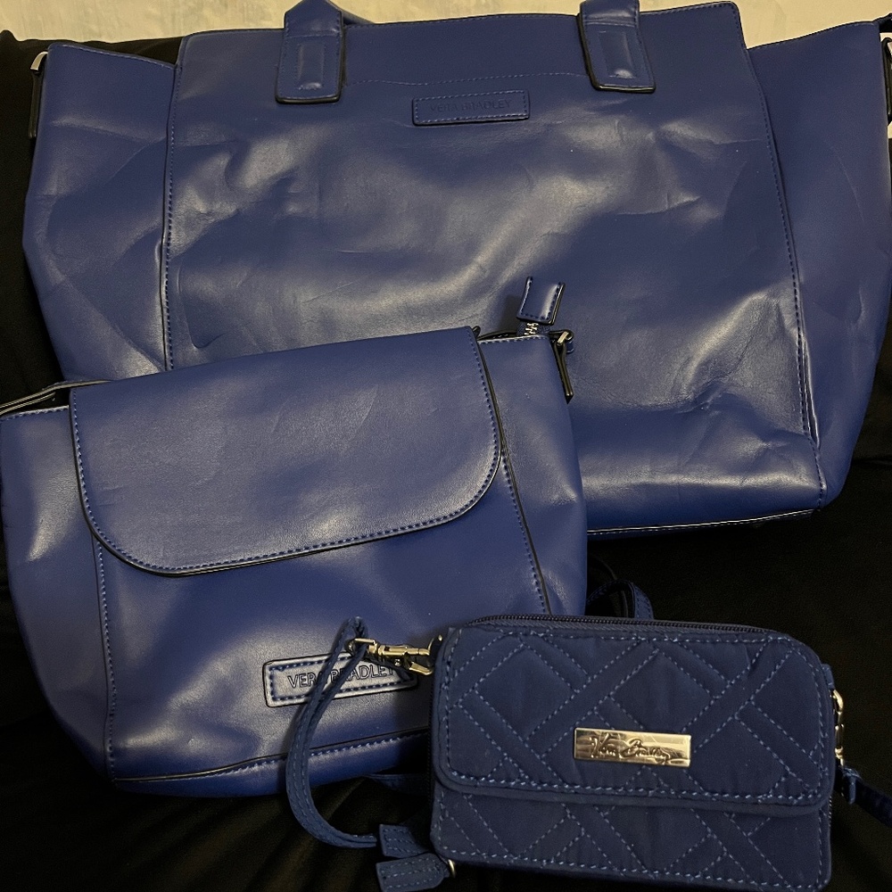 Vera Bradley Cobalt Faux Leather Tote, Crossbody Bag, & Quilted Wristlet Bundle